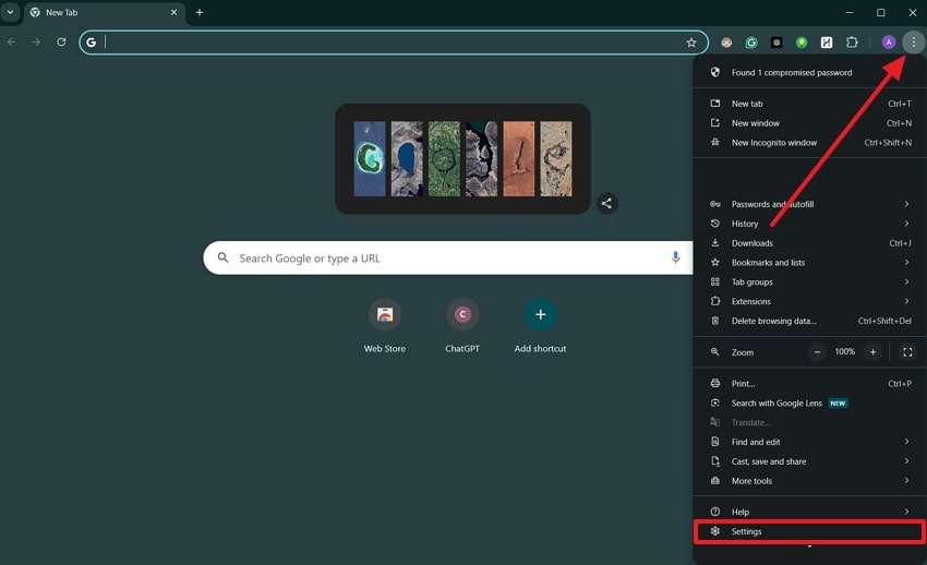 press the settings option