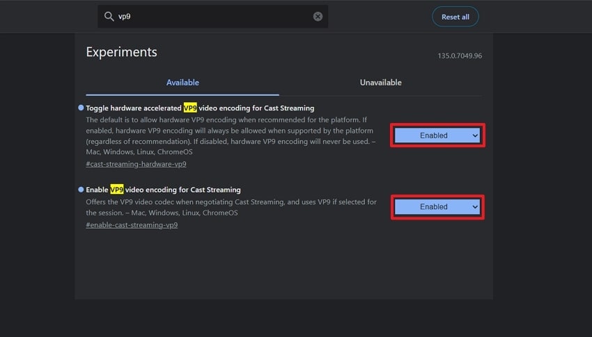enable vp9 options