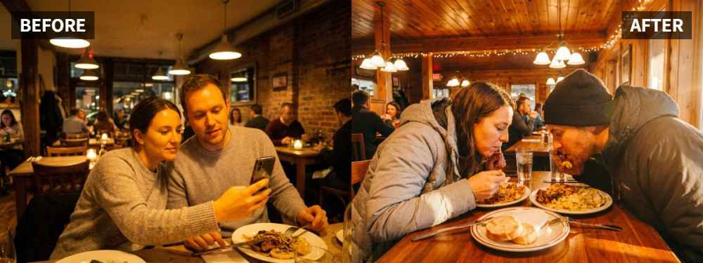 Editing ritratti Golden Hour al ristorante: salva la calda atmosfera