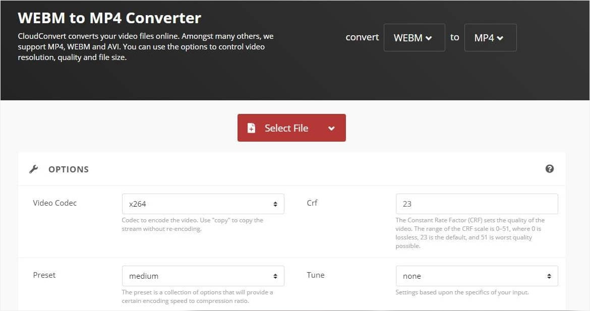 Real CloudConvert WebM to MP4 website interface showing codec and conversion options