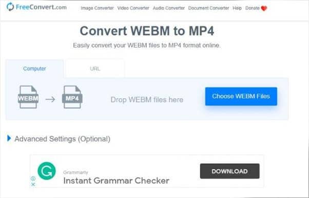 Real FreeConvert WebM to MP4 converter upload interface