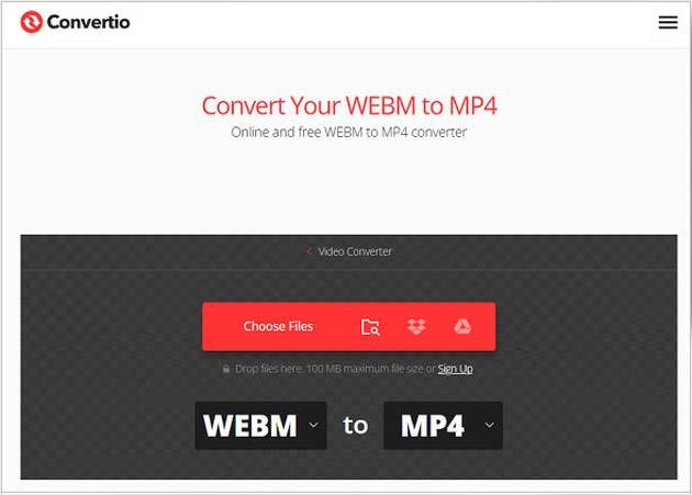 Real Convertio WEBM to MP4 browser converter interface