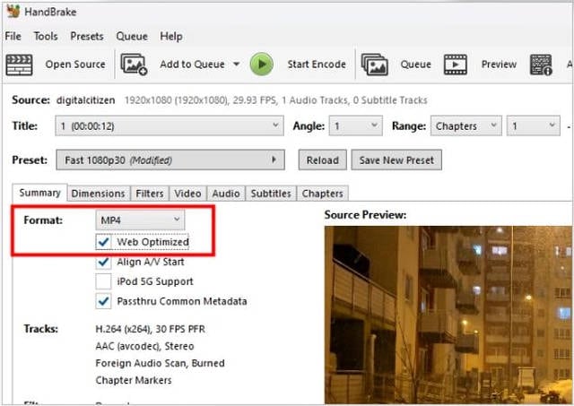 Real HandBrake Summary tab interface displaying the MP4 output format