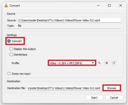 Real VLC Convert dialog displaying the H264 MP4 output profile
