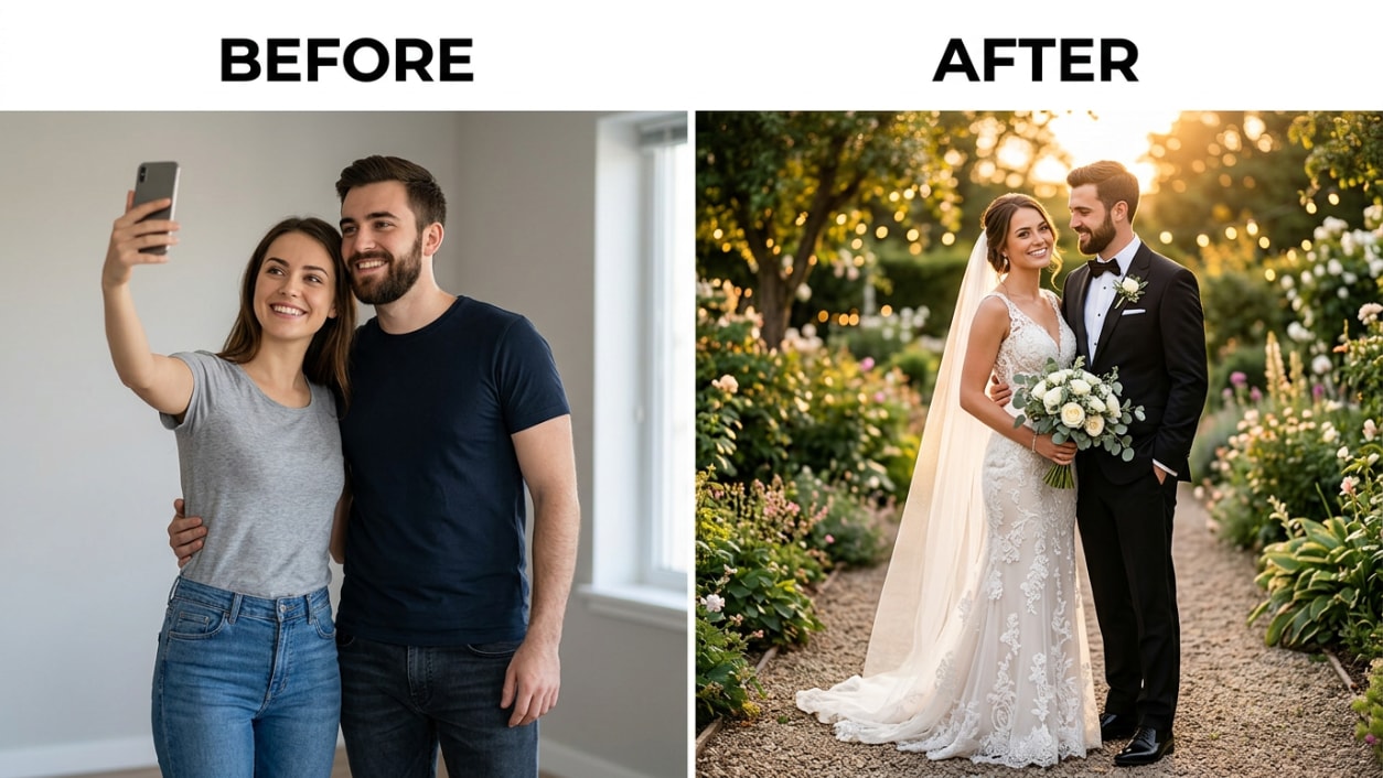 Generatore di Foto Matrimonio AI: Ritratti di Coppia Gratis