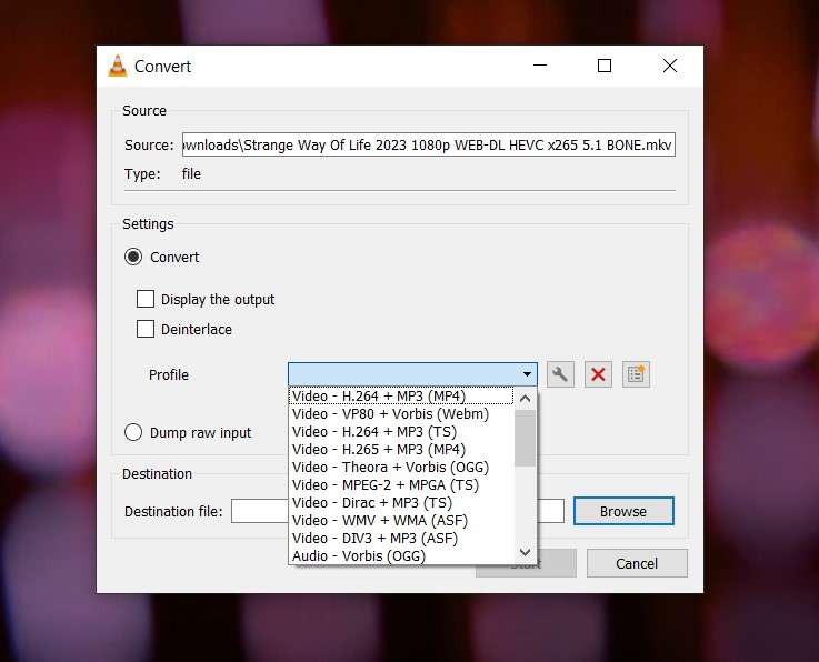changing video format with vlc converter