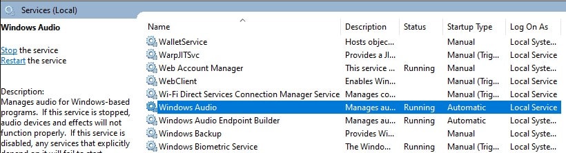 executar o serviço de áudio do Windows