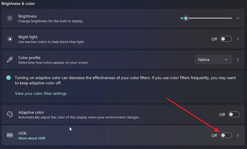 toggle off te hdr