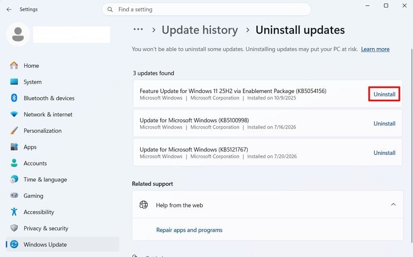 uninstall the recent windows updates