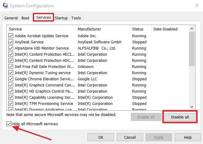 select the disable all