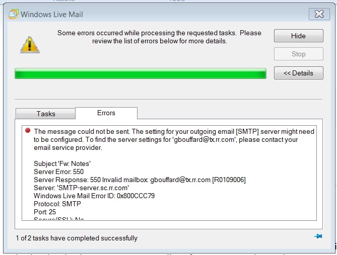 información del error 0x800CCC79 de windows live mail