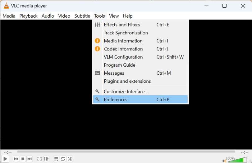 open preferences in vlc media player