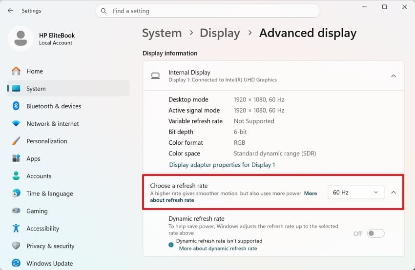 choose refresh rate windows settings