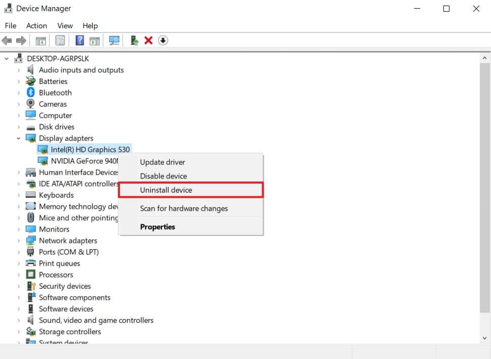 device manager uninstall graphic drivers