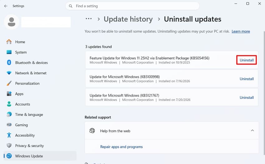 uninstall recent windows updates