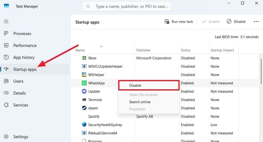 task manager turn off startup entries