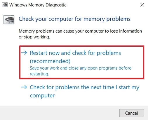 test the ram with restart windows