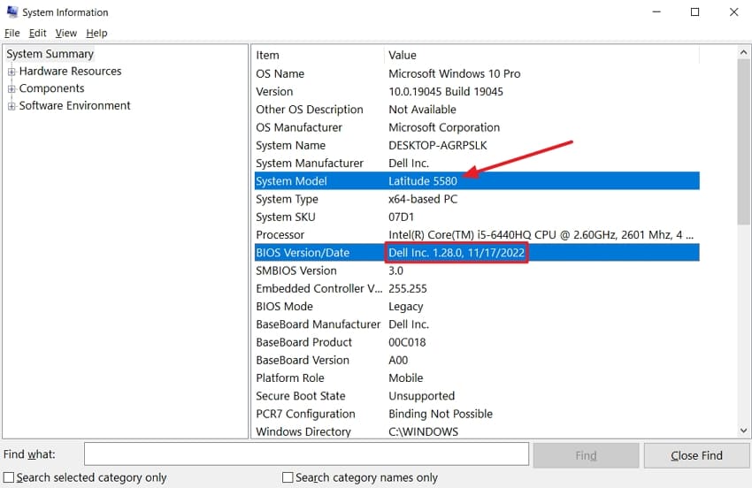note system model bios version