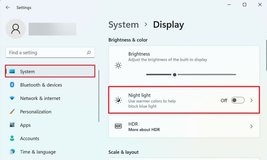 disable windows settings night light