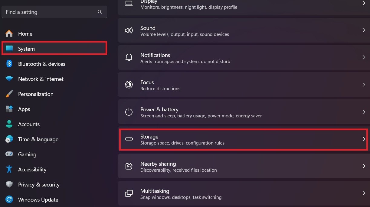 system storage settings