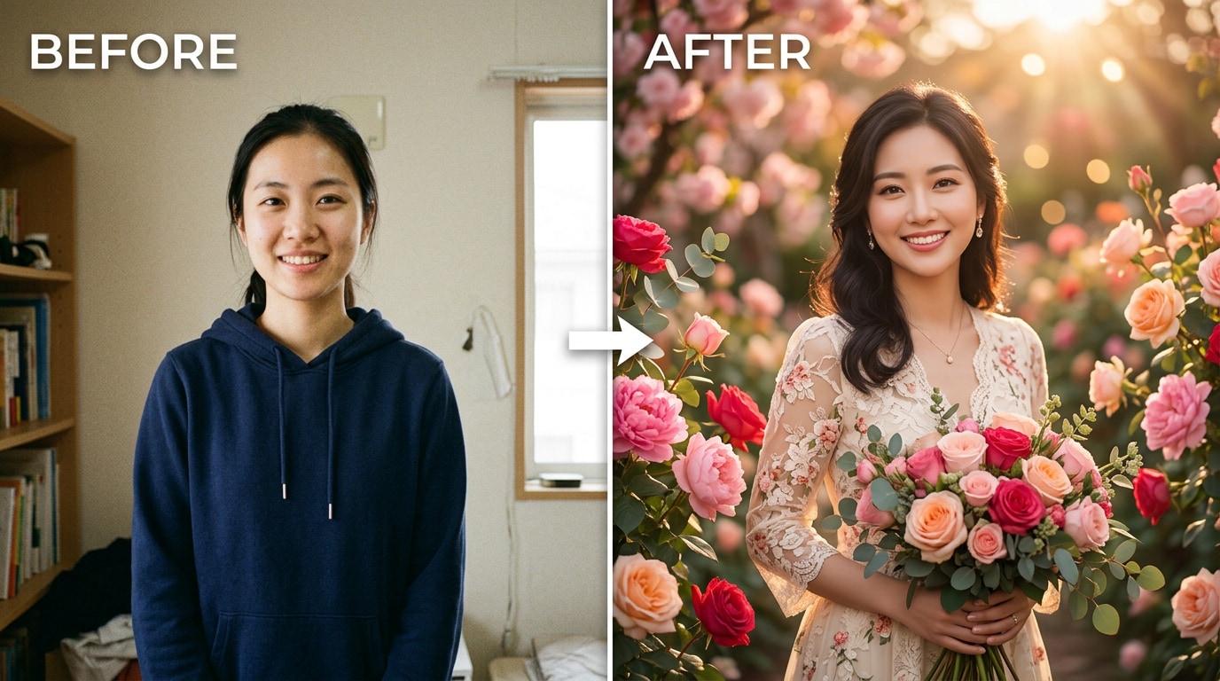 plain casual photo transformed into women's day floral greeting portrait