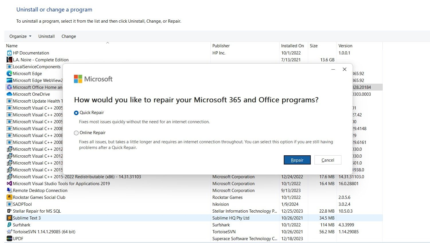 reparación rápida de Microsoft Office 365 
