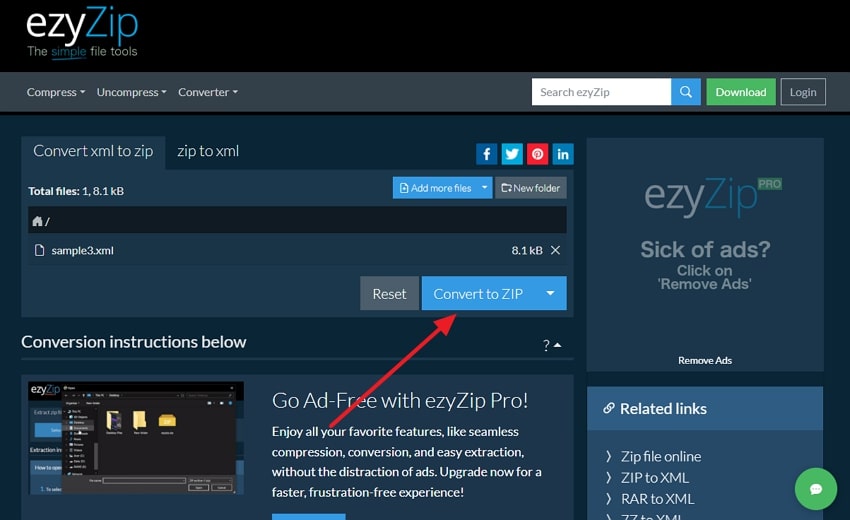 click convert to zip button