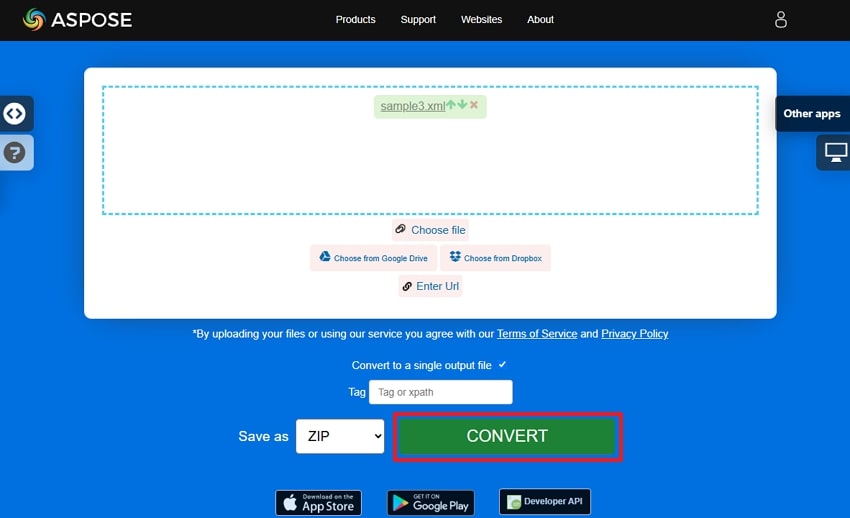 click convert button on aspose