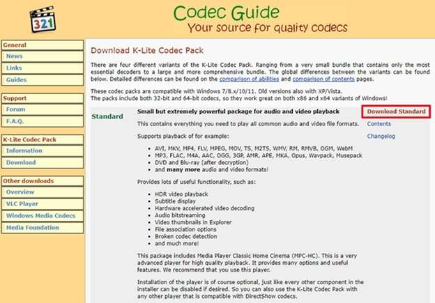 locate download standard for codecs