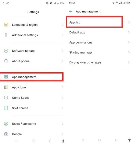 go to settings and choose app management and then app list