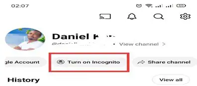 click your profile on youtube and choose turn on incognito