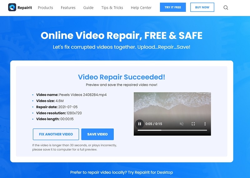 Vidéo réparée en ligne avec Repairit
