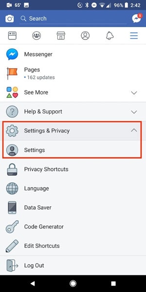 settings and privacy option