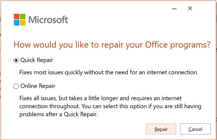MS Office Repairing Options