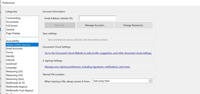 Adobe Online Services Settings