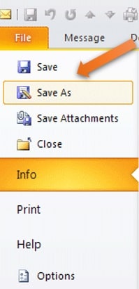MS Outlook Save As Option