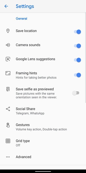 turn off framing hint and google lens suggestions