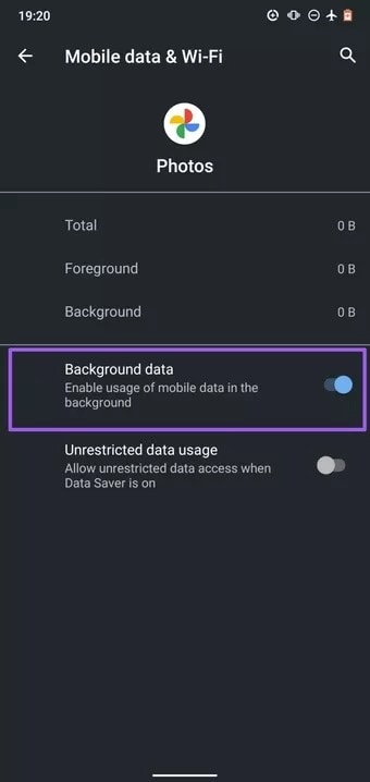 turn on background data for google photos