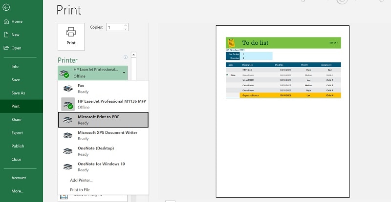 Impostazioni di stampa di MS Excel