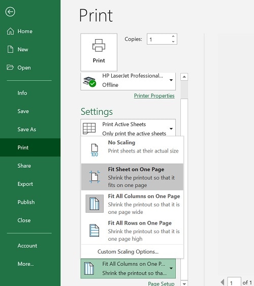 Configuración de la escala de impresión de MS Excel