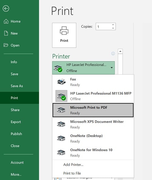 MS Excel Seleziona Uscita Stampante