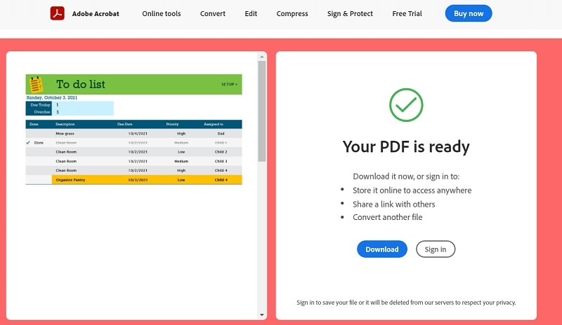 Adobe Excel en fichier PDF converti