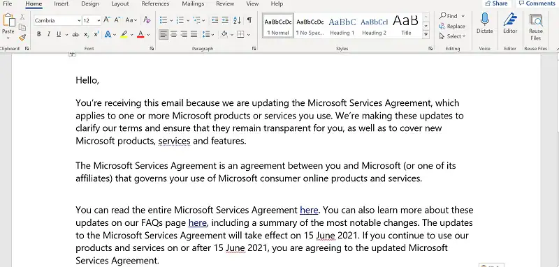 Colar conteúdo de e-mail do Outlook no Word