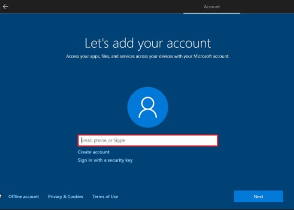 Adding account screen
