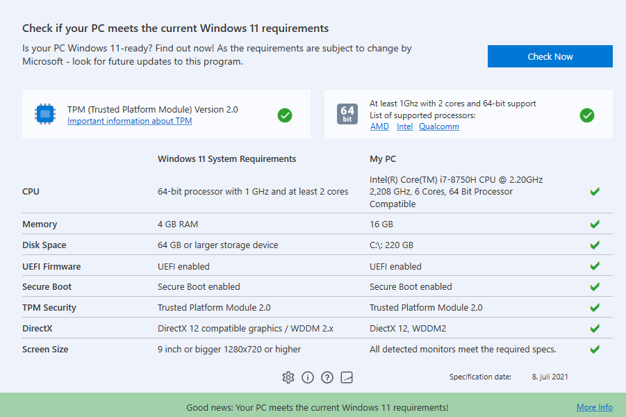 Lista de especificaciones del sistema de Microsoft para comprobar la compatibilidad con Windows 11
