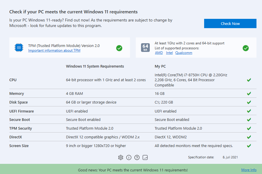 Microsoft's list of system specifications to check windows 11 compatibility