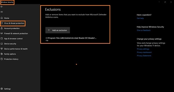 añadir exclusión para adobe acrobat en el programa antivirus