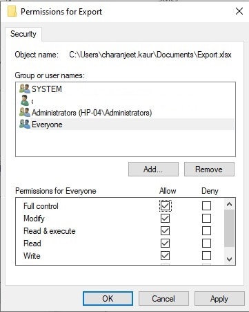 modificare i permessi del file excel