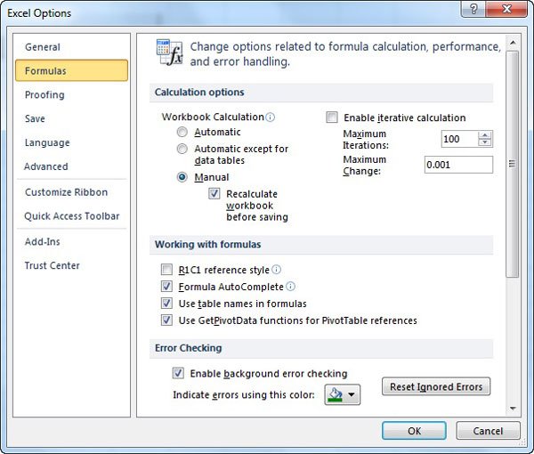 excel manual calculation settings