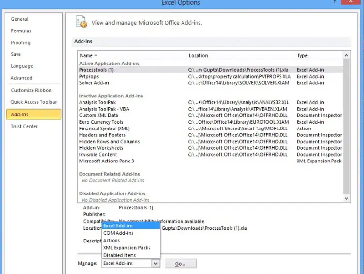 visualizzare i componenti aggiuntivi di Excel